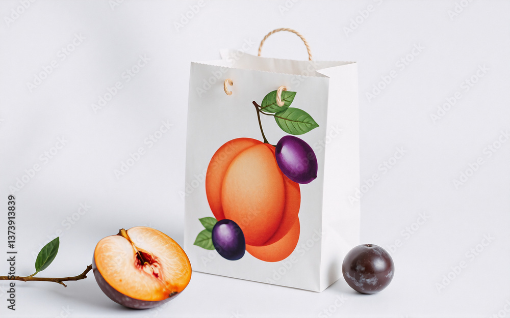 Poster white paper bag features a peach and plum fruit illustration, complemented by a sliced peach and a w