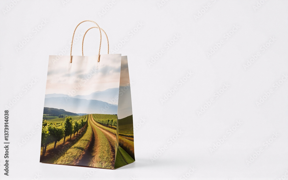 Poster paper bag featuring a scenic countryside landscape with a road leading through fields and hills unde