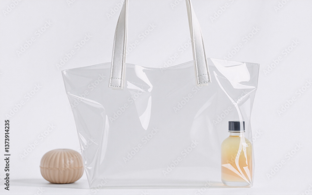 Aufkleber clear transparent tote bag with white straps is displayed on a white background next to a bottle and