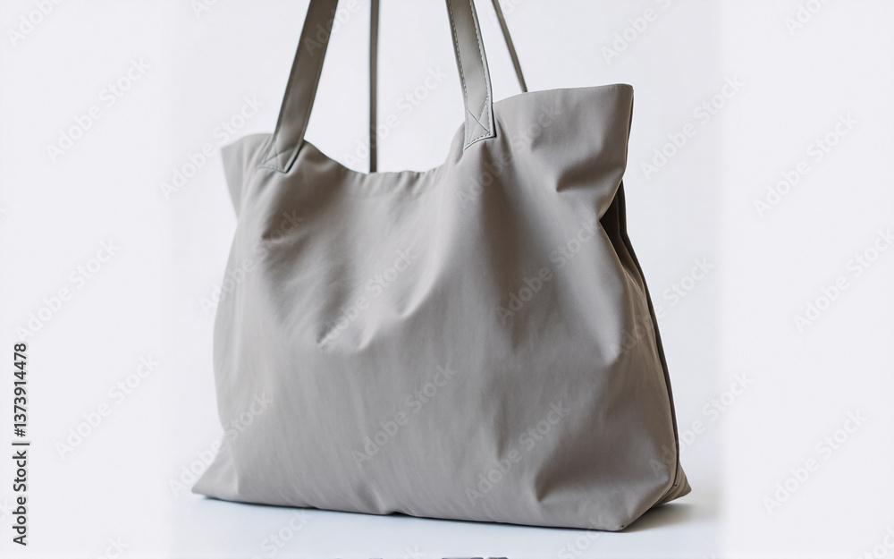 Poster a simple, plain grey tote bag crafted from fabric. its minimalist and clean style is perfect for eve