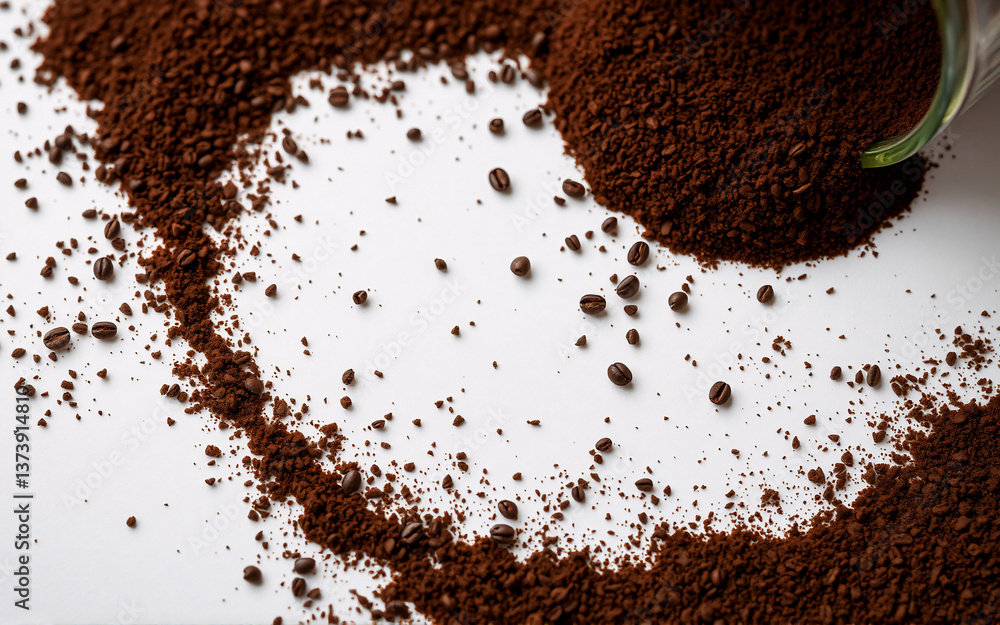 Poster dark brown coffee grounds and scattered whole beans create a heart shape on a white surface, some gr