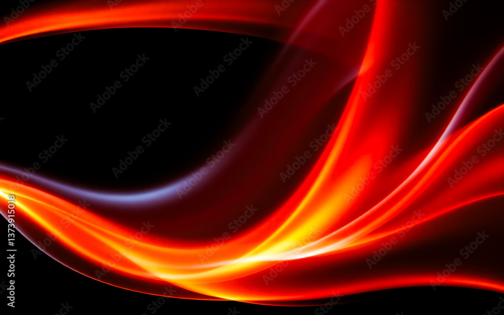Poster dynamic abstract design featuring smooth, flowing red and orange waves on a black background, evokin