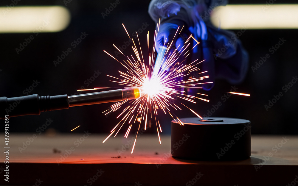 Poster Close up view of a welding process with vibrant sparks emanating as a gloved hand uses a torch on metal in an industrial workshop.