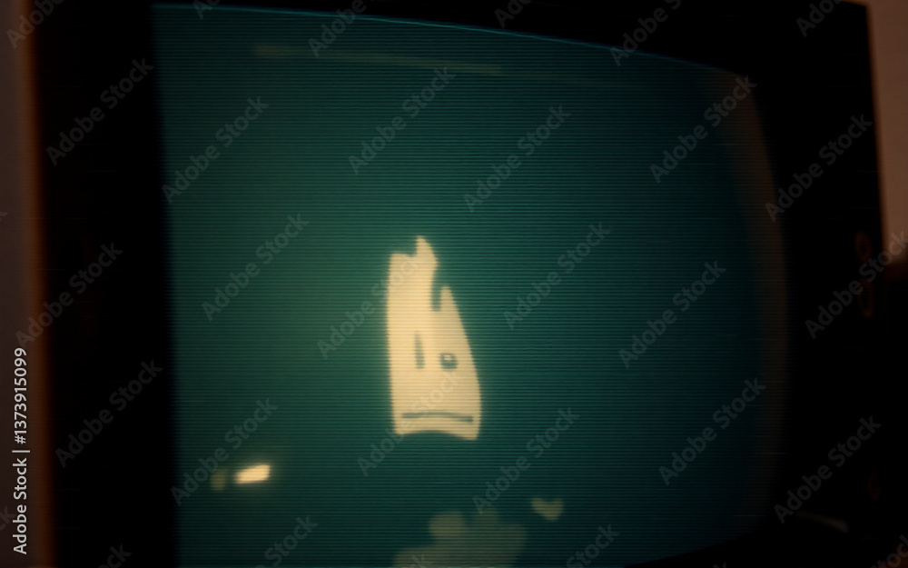 Fototapete a simplistic white figure with a face is displayed on an old crt monitor screen, set in a dimly lit 