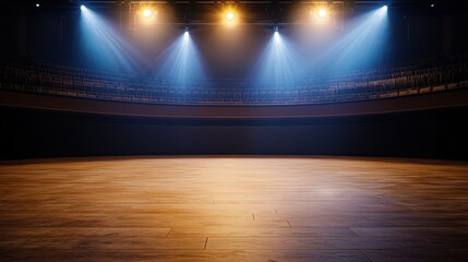 A dimly lit theater stage with spotlights illuminating a wooden floor and empty seating, creating an ambiance for performances.