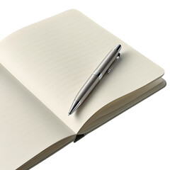 Open notebook with pen on top isolated on transparent background