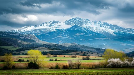 Fototapeta premium Breathtaking mountain scenery with snow-capped peaks. Lush green fields stretch below. The calmness of nature is calling. Perfect for travel and outdoor themes. AI