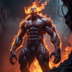 Fototapeta premium A powerful surreal character with a muscular build is surrounded by swirling flames. The creature exudes an aura of strength and intensity against a dark, rocky backdrop, creating a striking contrast