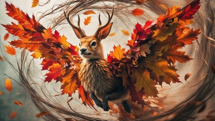 Fototapeta premium A surreal creature combines features of a deer and an avian, adorned with vibrant autumn leaves, gracefully soaring amidst a mystical forest backdrop filled with swirling leaves