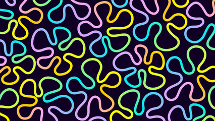 Horizontal abstract backdrop with groovy flower, rainbow curve smooth line with neon gradient. Banner with swirled colored ribbon with loop on black background. Vector illustration EPS10 1920,1080