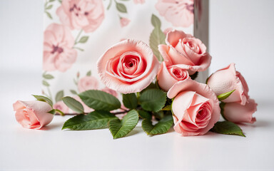 Soft pink roses are beautifully arranged against a box with a floral design, creating a lovely and delicate composition.