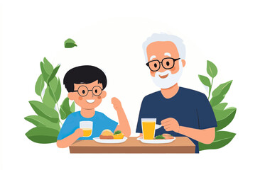 Happy boy and his grandfather serving breakfast