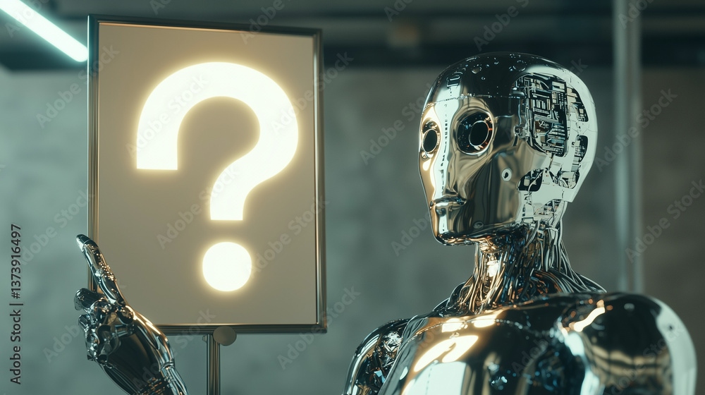 Poster curiosity and the digital age: a humanoid robot contemplates a glowing question mark, symbolizing th