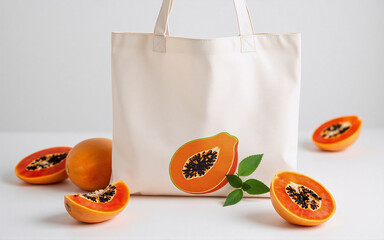 Cream tote bag with a papaya design is showcased with fresh ripe papaya fruits, some halved, on a white surface in a bright studio setting.