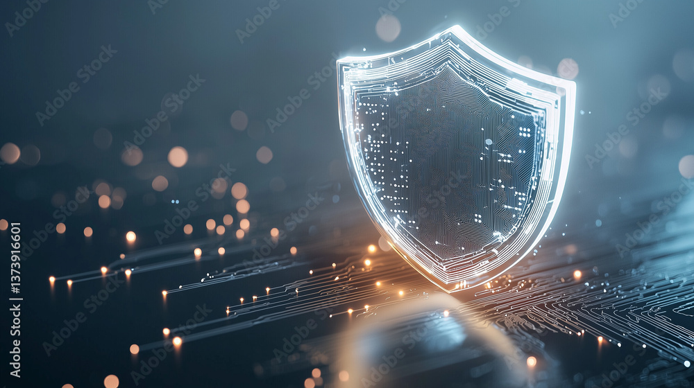 Poster digital shield: a glowing, transparent shield hovers above a network of interconnected lines, symbol