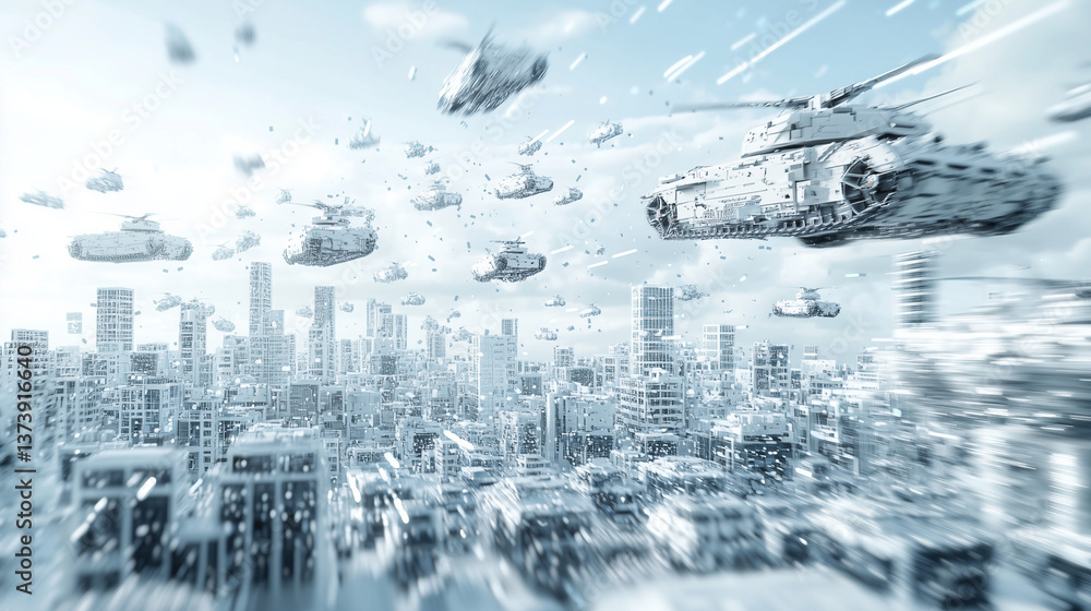 Poster future city ambience: an imaginative cityscape is envisioned, with a myriad of futuristic vehicles s
