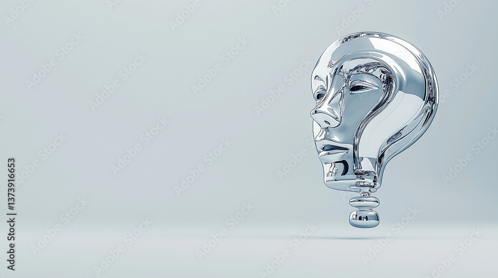Poster mysterious enigma: a chrome-like head with a question mark, set against a soft-toned backdrop, posin