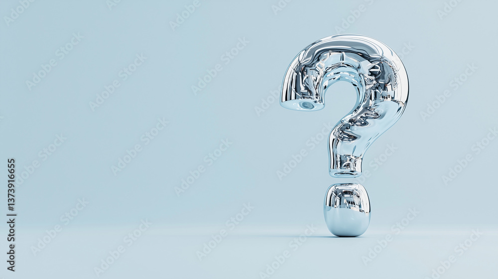 Poster illuminating inquiry: a pristine, silver question mark stands in stark contrast against a soft, grad
