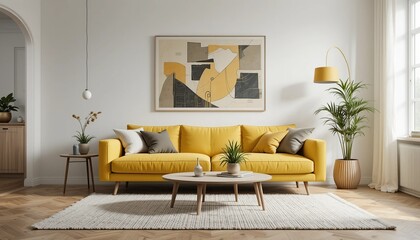 Bright and inviting living room featuring a yellow sofa, abstract art, and natural light creates a cozy and modern atmosphere.