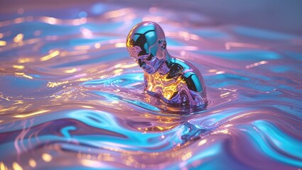 A surreal character is partially submerged in a vibrant liquid, reflecting a blend of purple and blue hues. This striking visual creates an otherworldly atmosphere, evoking intrigue