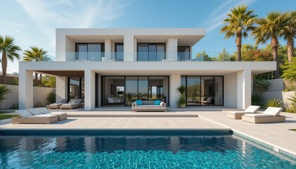 Fototapeta premium Modern villa with pool: A luxurious retreat with clean lines, expansive windows, and a serene outdoor space amidst lush greenery.
