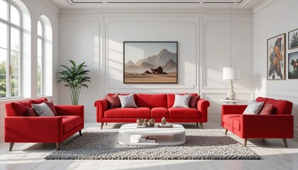 Elegant living room with red sofas, white walls, and soft, natural light for a comfortable and inviting atmosphere. Modern art adorns the walls.