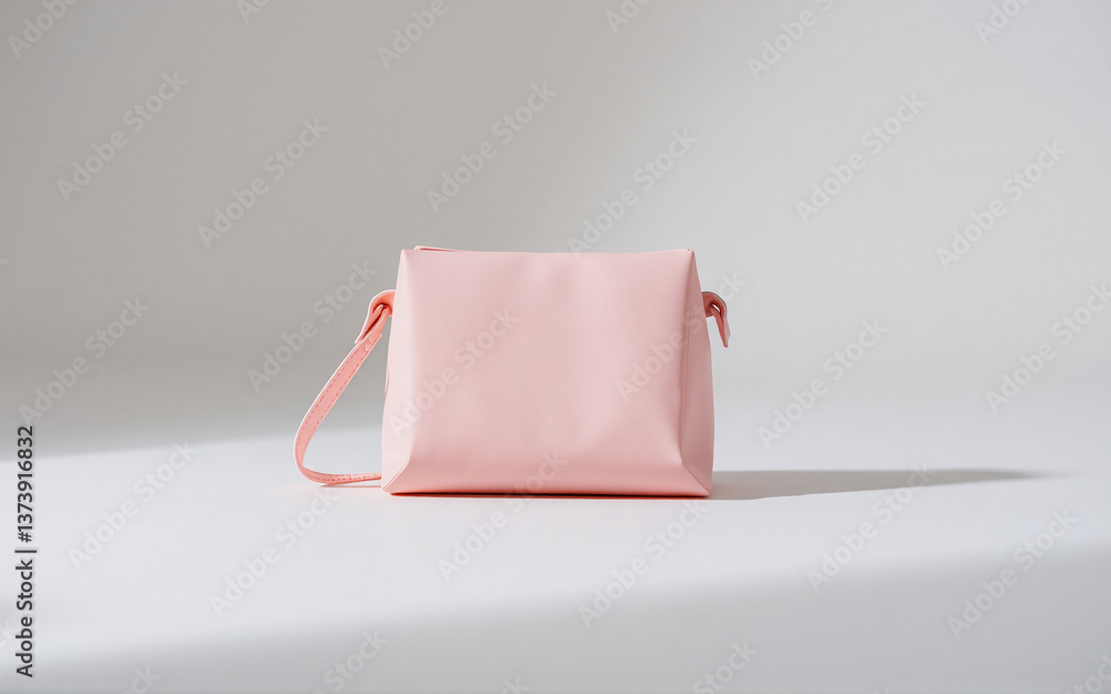 Poster a light pink, small square purse with a thin strap is positioned on a bright white surface, casting 
