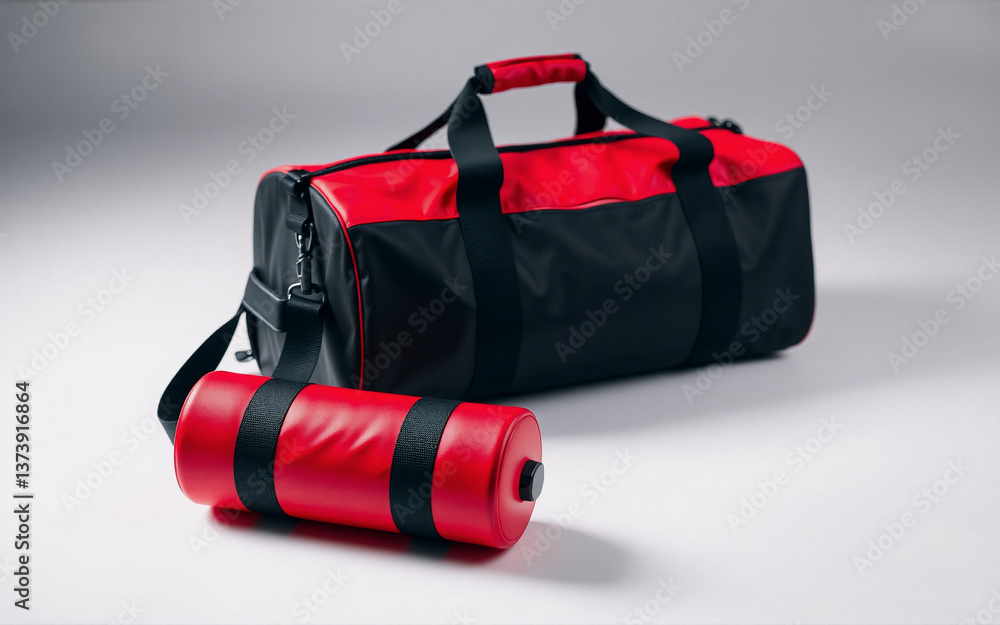 Poster red and black duffel bag with handles and an adjustable shoulder strap is positioned on a white surf