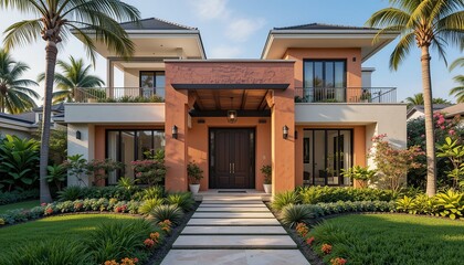 Fototapeta premium Stunning contemporary home with lush landscaping, a grand entrance, and tropical palm trees for a luxurious, inviting curb appeal.