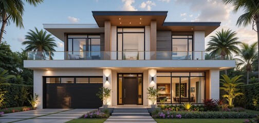 Fototapeta premium Modern home with geometric shapes, clean lines, large windows, balcony, beautiful landscaping and a welcoming walkway.
