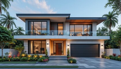 A stunning modern two-story house with large windows, a balcony, and a well-manicured front yard, presenting an inviting curb appeal.