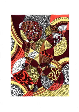 An abstract design of intersecting circles and curved lines. Inside the figures are complex patterns: swirls, grids, dots, wavy lines and textural elements.