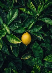 A single ripe lemon surrounded by vibrant green citrus leaves. Captures the essence of natural freshness, perfect for organic food, garden, or summer concepts