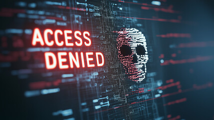 Cybersecurity Breach: Digital Skull and Access Denied: A chilling visual narrative depicting a cybersecurity breach, where a digital skull icon appears, and the ominous "ACCESS DENIED" message.