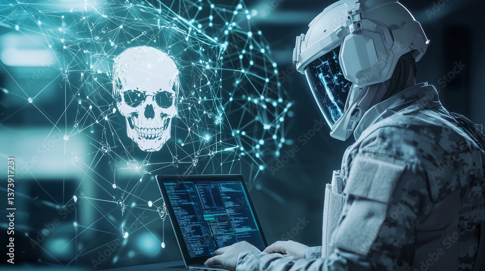 Poster cyber warfare: a cyber soldier delves into a digital world, navigating a complex network with a skul