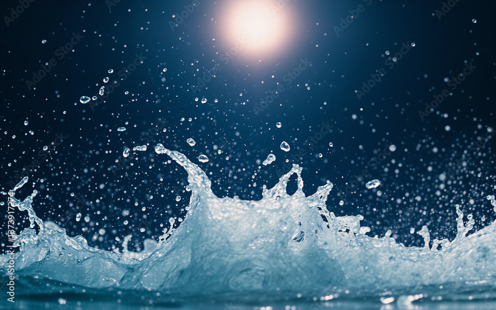 Fototapete water bursts upwards, creating a dynamic splash against a deep blue, almost black backdrop. a bright
