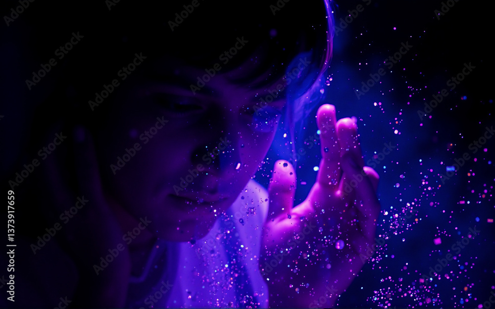 Poster a person's face and hand are illuminated with vibrant purple light in a dark space, adorned with eth