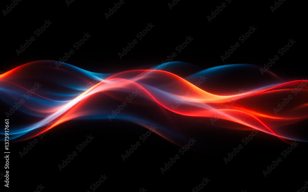 Poster abstract flowing waves of light in red and blue hues gracefully glide across a stark black backdrop,