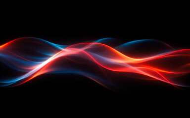Naklejka premium Abstract flowing waves of light in red and blue hues gracefully glide across a stark black backdrop, evoking a sense of smooth motion and vibrant energy.
