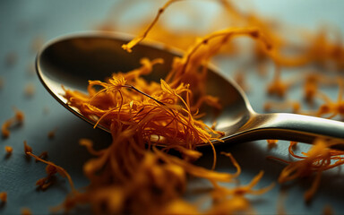 A pile of bright orange, stringy plant material sits on a shiny metal spoon. The background is softly blurred, drawing focus to the textured substance.
