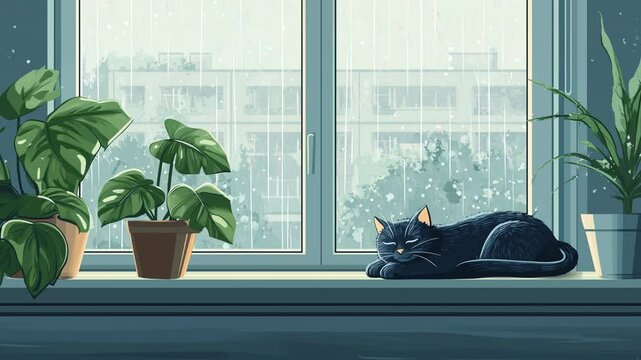 Black cat relaxing on windowsill with potted plants in rain  