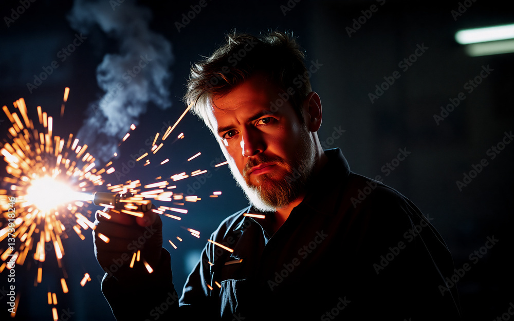 Poster A bearded man in a dimly lit workshop holds a sparking device, generating bright sparks. He gazes intently at the camera with a focused expression.