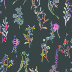 Obraz premium Seamless floral pattern with wild flowers, twigs and leaves painted with watercolor. Floral print for fabric, wallpaper.