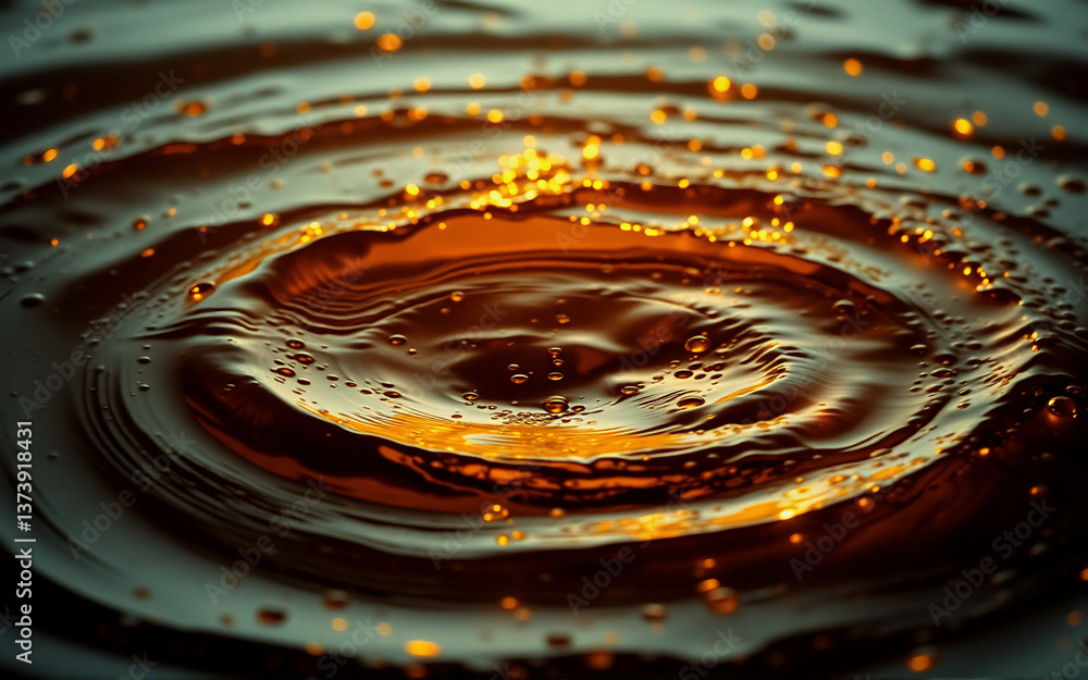 Aufkleber dark liquid surface with golden particles disturbed by a drop, creating expanding circular ripples u