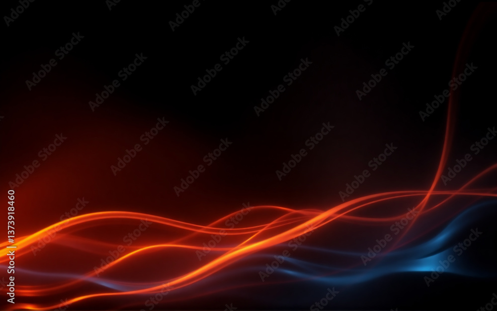Poster Abstract image of flowing, wavy lines in vibrant orange and cool blue tones over a dark backdrop, creating a sense of movement and energy.
