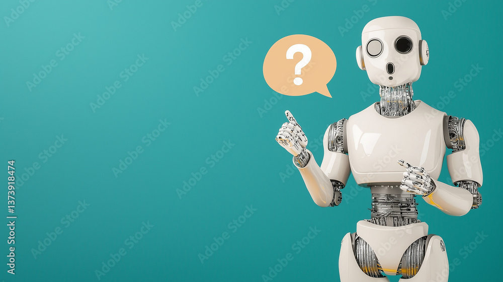 Poster ai dilemma: a sleek, modern robot contemplates a question, its expression of thoughtful curiosity. t
