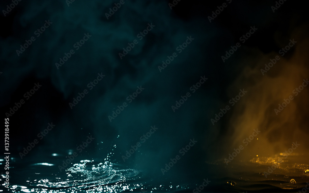 Aufkleber dramatic image of water splashes on a dark surface, illuminated by vibrant teal and orange smoke, cr