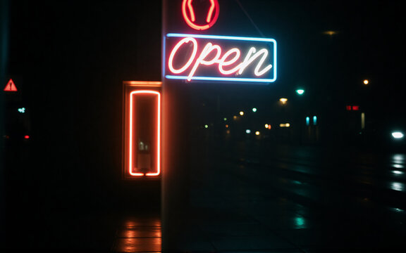 Neon "Open" sign illuminates a dark city night scene. A vertical neon strip frames a doorway. Blurry city lights glow in the distance.