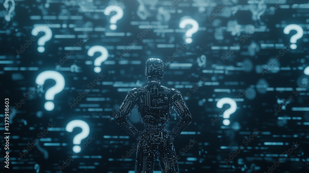 Aufkleber navigating uncertainty: a lone figure stands contemplating a complex digital landscape, surrounded b