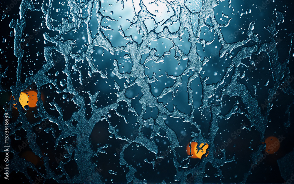 Aufkleber A close-up view shows water or ice forming intricate patterns on a dark blue surface, highlighted by soft, out-of-focus orange lights in the background, creating a textured, abstract effect.